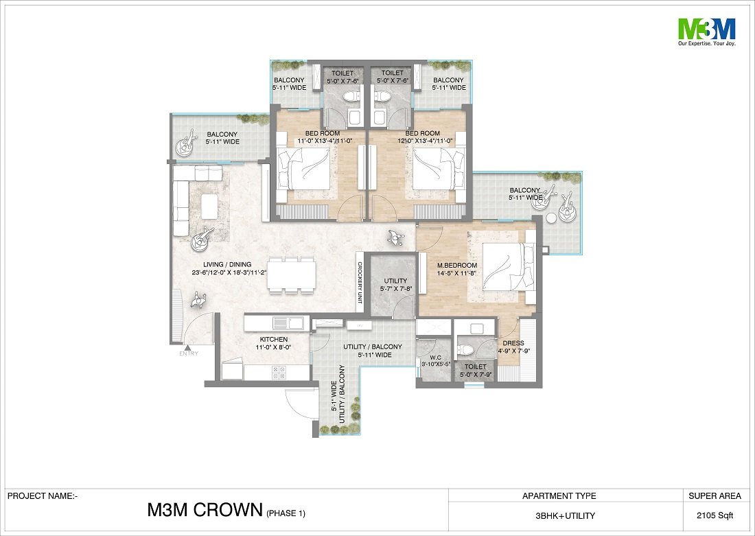 M3M Crown Floor Plan 3BHK - 2105