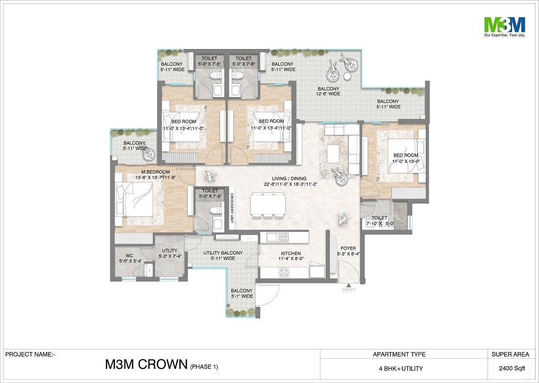 M3M Crown Floor Plan 4BHK - 2400