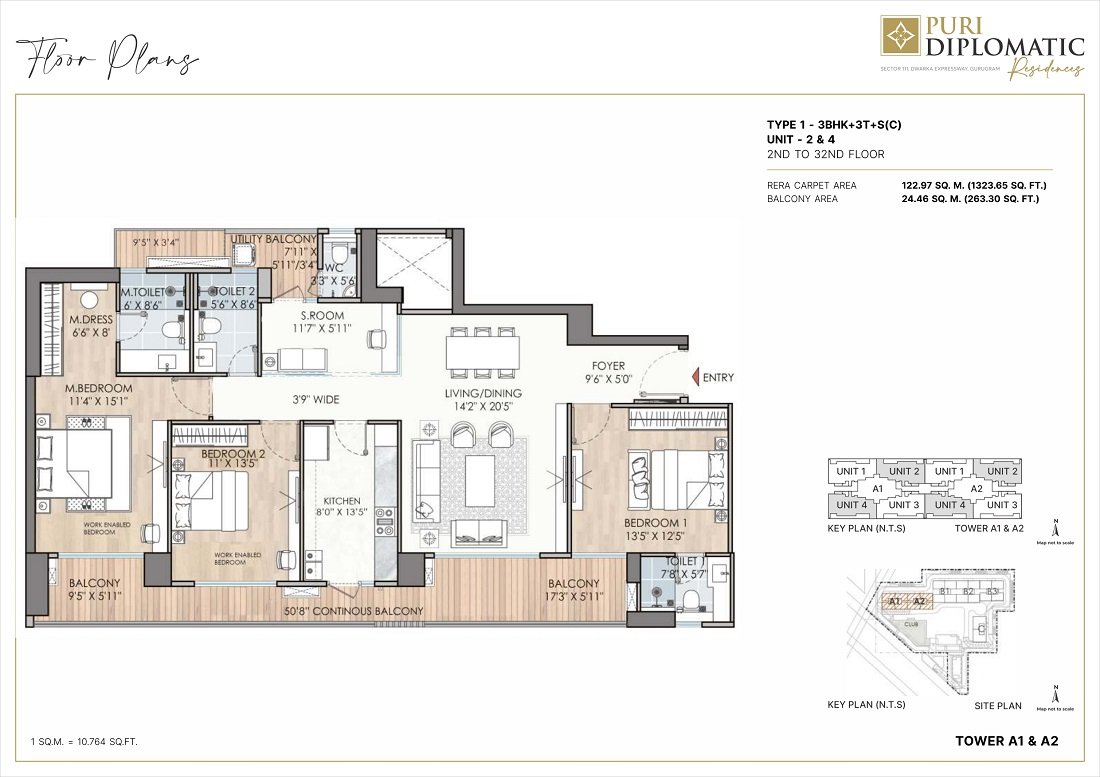 Puri Diplomatic Residences 3BHK type 1 floor Plan