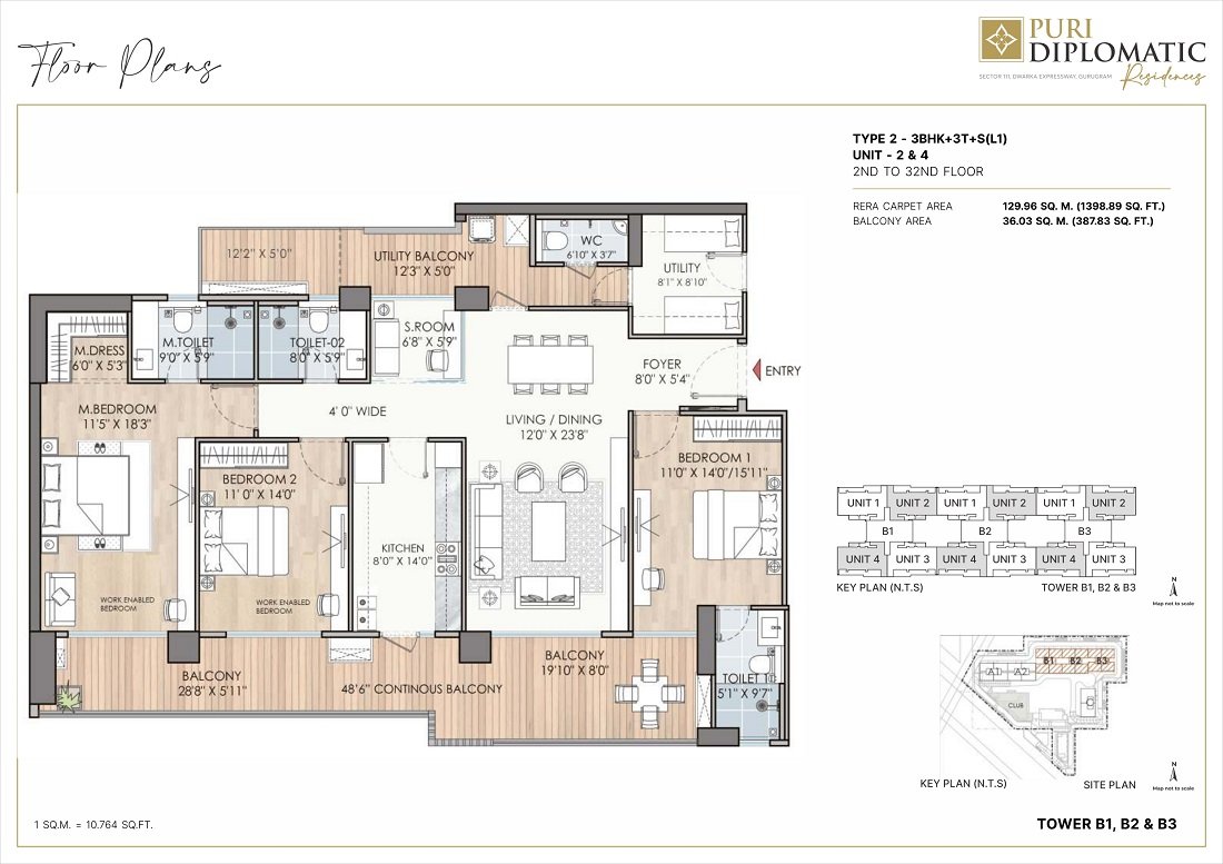 Puri Diplomatic Residences 3BHK type 2 floor Plan