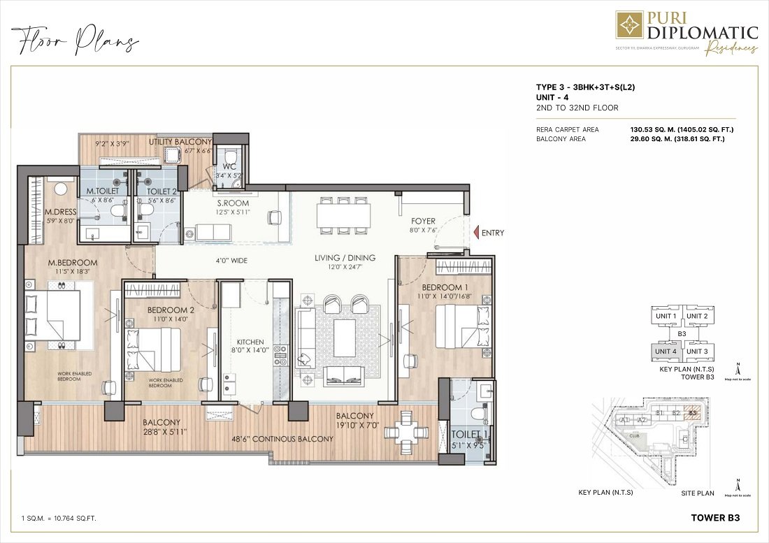 Puri Diplomatic Residences 3BHK type 3 floor Plan