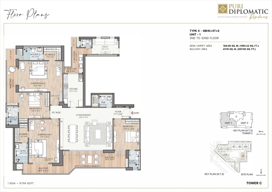 Puri Diplomatic Residences 4BHK type 4 floor Plan