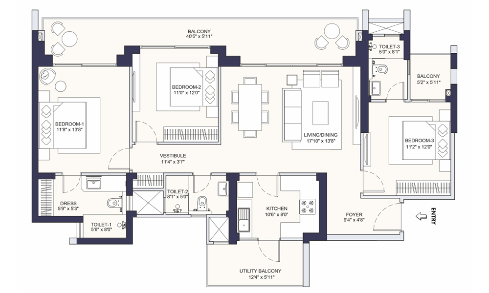 Conscient Parq 3BHK-Compact Floor Plan