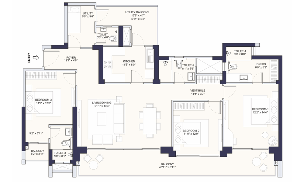 Conscient Parq 3BHK-UT-Type-B Floor Plan