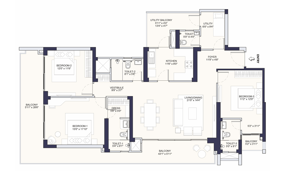 Conscient Parq 3BHK-UT-Type-D Floor Plan