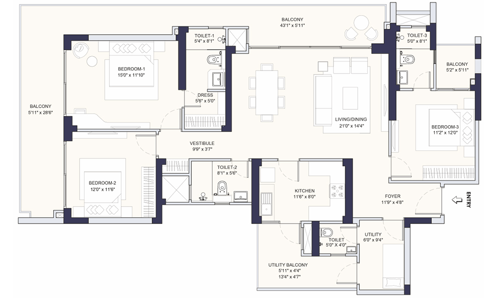 Conscient Parq 3BHK-UT-Type-E Floor Plan